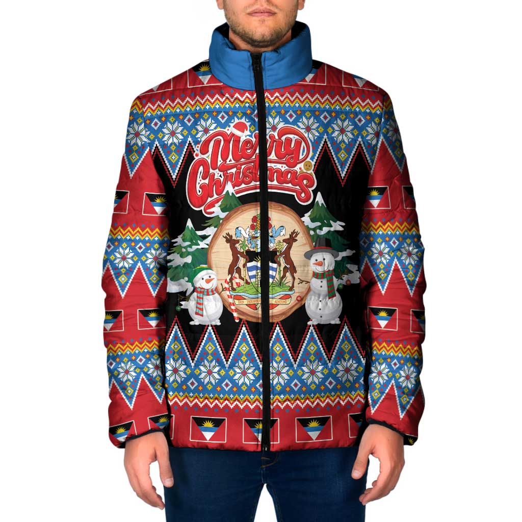 Personalized Antigua and Barbuda Christmas Padded Jacket Coat Of Arms With Snowman - Wonder Print Shop