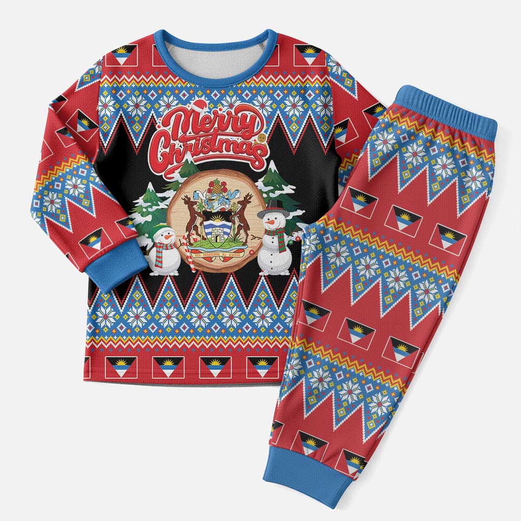Antigua and Barbuda Christmas Pajama Set Coat Of Arms With Snowman - Wonder Print Shop