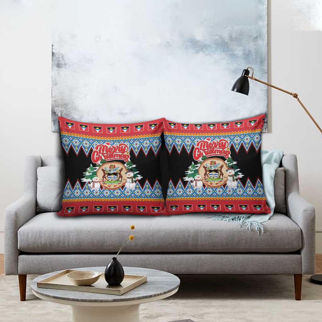 Antigua and Barbuda Christmas Pillow Cover Coat Of Arms With Snowman - Wonder Print Shop