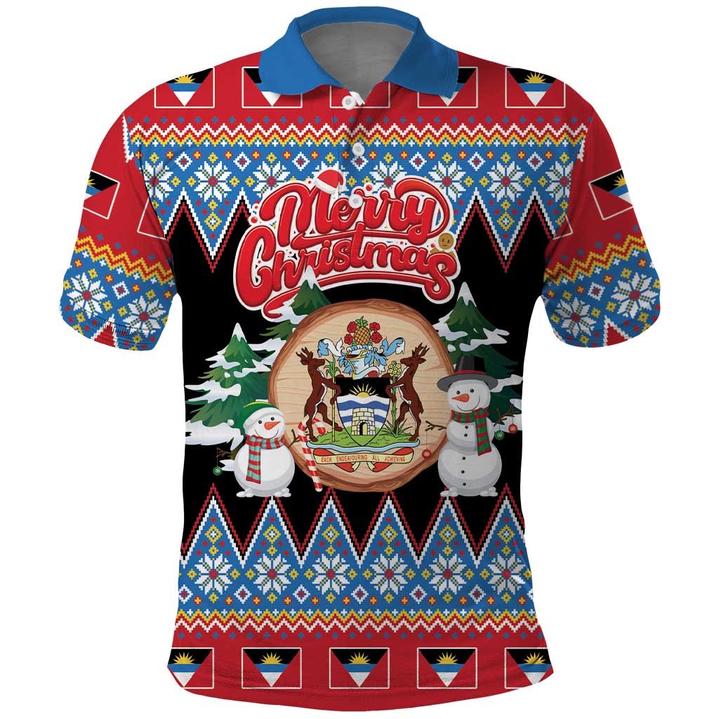 Personalized Antigua and Barbuda Christmas Polo Shirt Coat Of Arms With Snowman - Wonder Print Shop