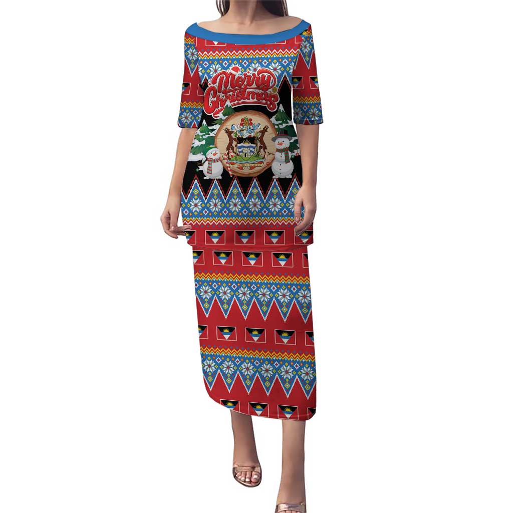 Personalized Antigua and Barbuda Christmas Puletasi Coat Of Arms With Snowman - Wonder Print Shop