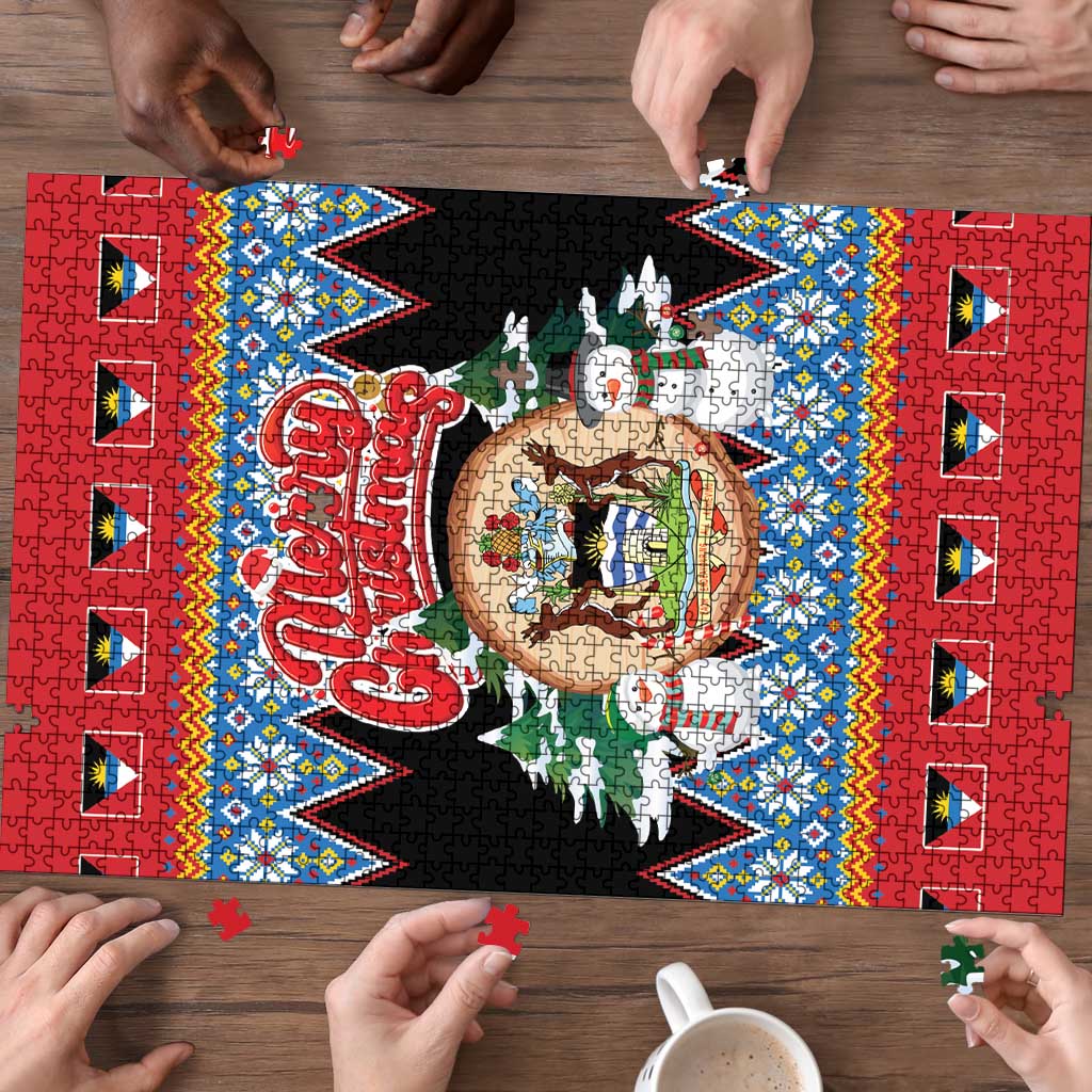 Antigua and Barbuda Christmas Puzzle Coat Of Arms With Snowman - Wonder Print Shop