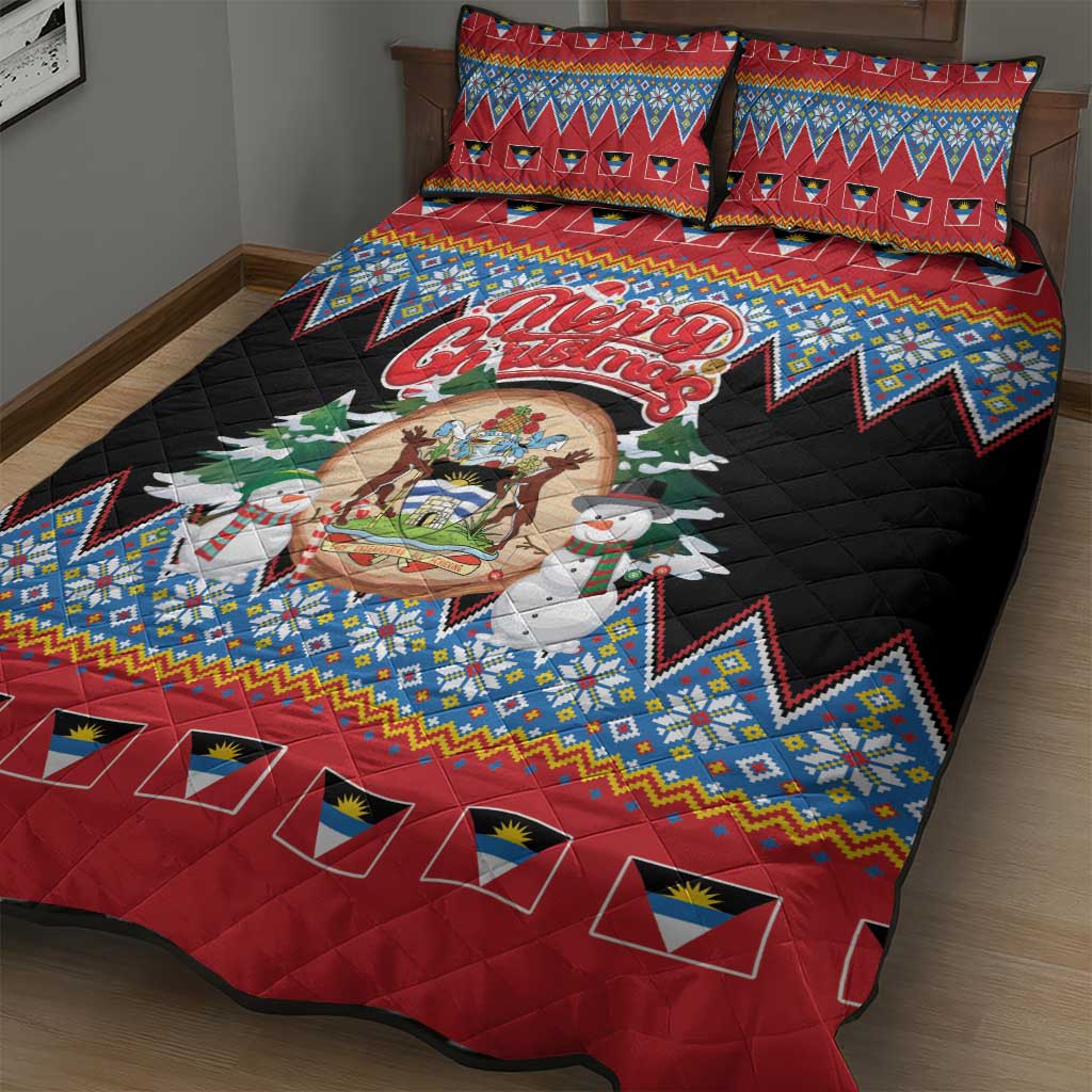 Antigua and Barbuda Christmas Quilt Bed Set Coat Of Arms With Snowman - Wonder Print Shop