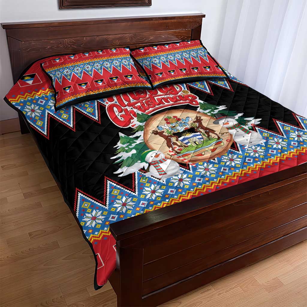Antigua and Barbuda Christmas Quilt Bed Set Coat Of Arms With Snowman - Wonder Print Shop