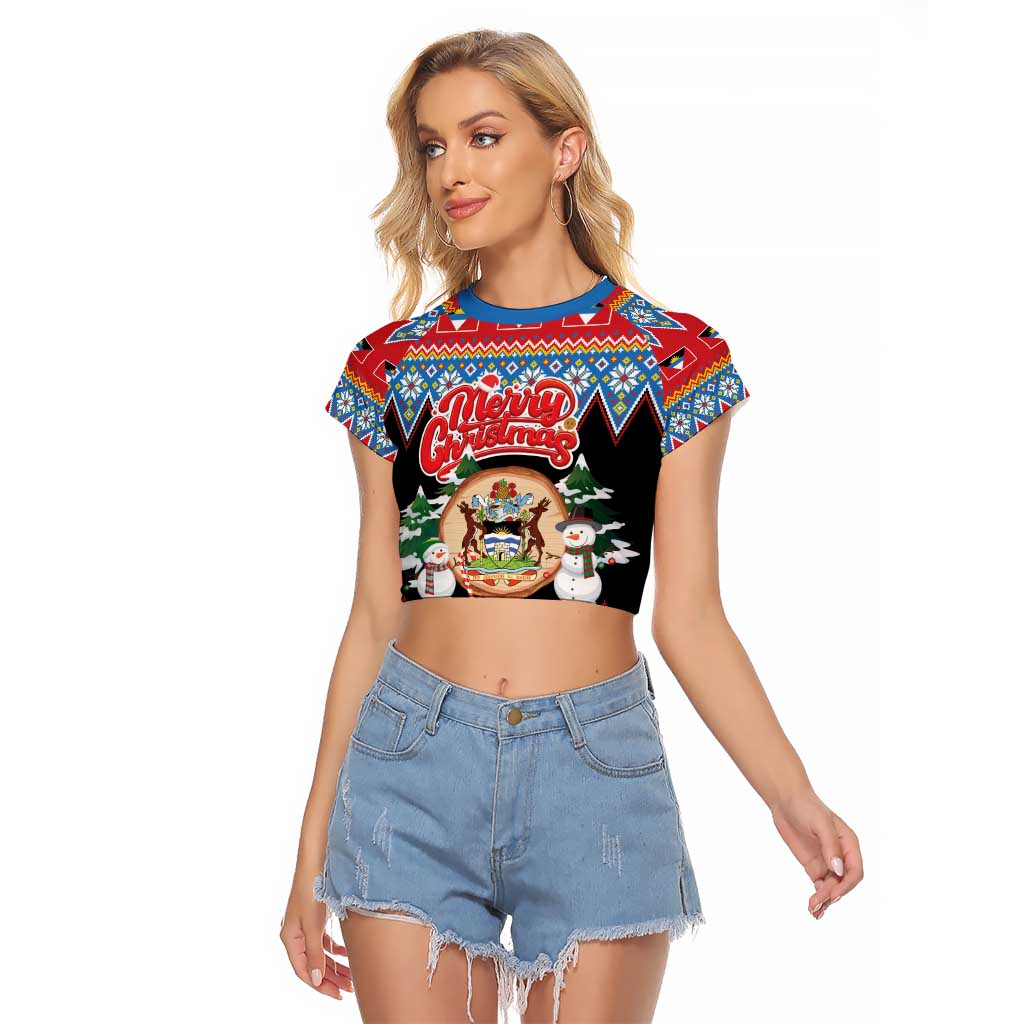 Personalized Antigua and Barbuda Christmas Raglan Cropped T Shirt Coat Of Arms With Snowman - Wonder Print Shop