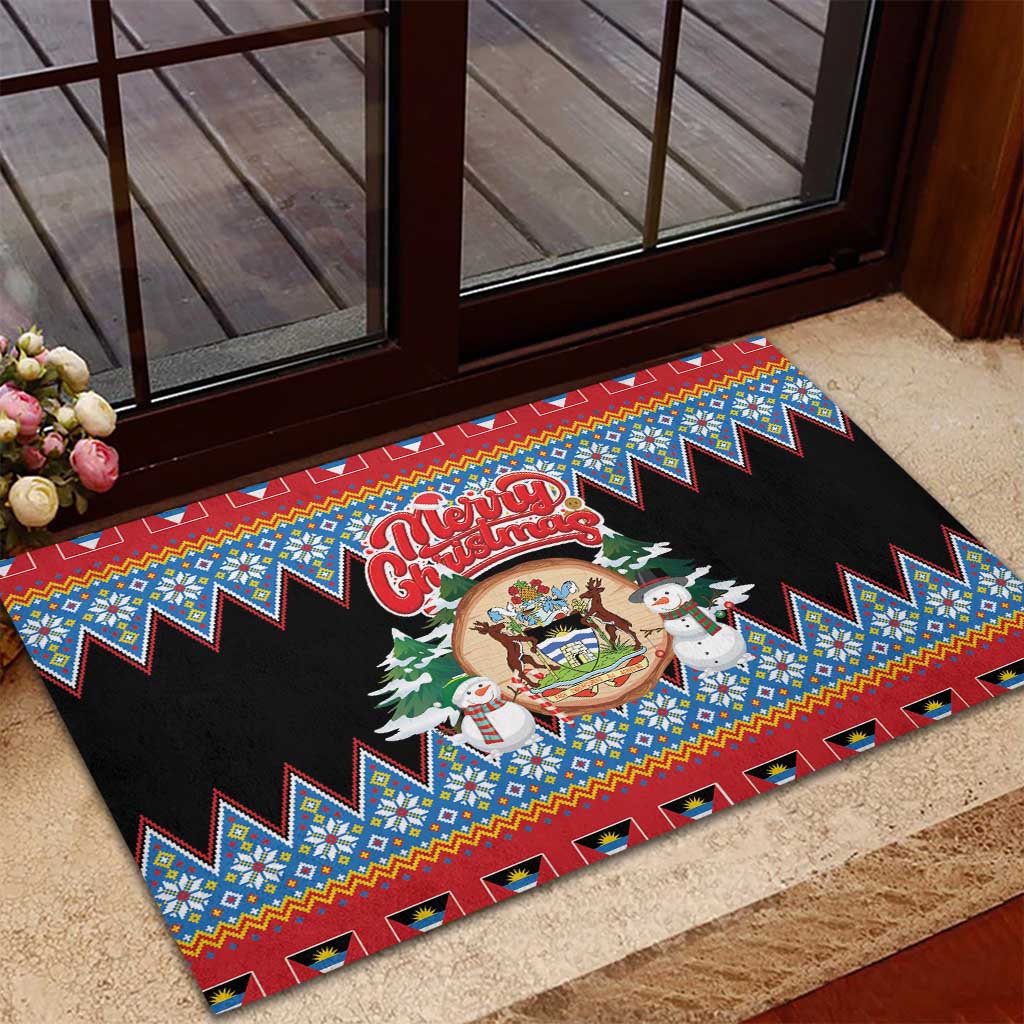 Antigua and Barbuda Christmas Rubber Doormat Coat Of Arms With Snowman - Wonder Print Shop