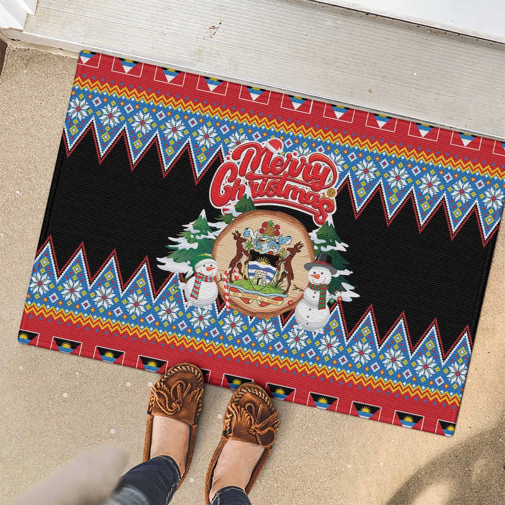 Antigua and Barbuda Christmas Rubber Doormat Coat Of Arms With Snowman - Wonder Print Shop