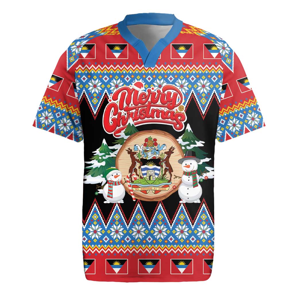 Personalized Antigua and Barbuda Christmas Rugby Jersey Coat Of Arms With Snowman - Wonder Print Shop