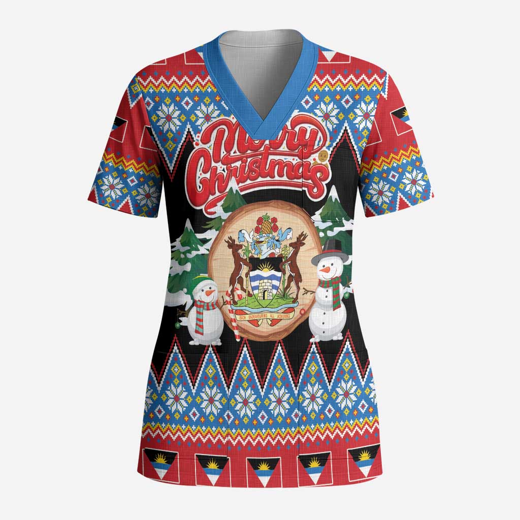 Personalized Antigua and Barbuda Christmas Scrub Top Coat Of Arms With Snowman - Wonder Print Shop