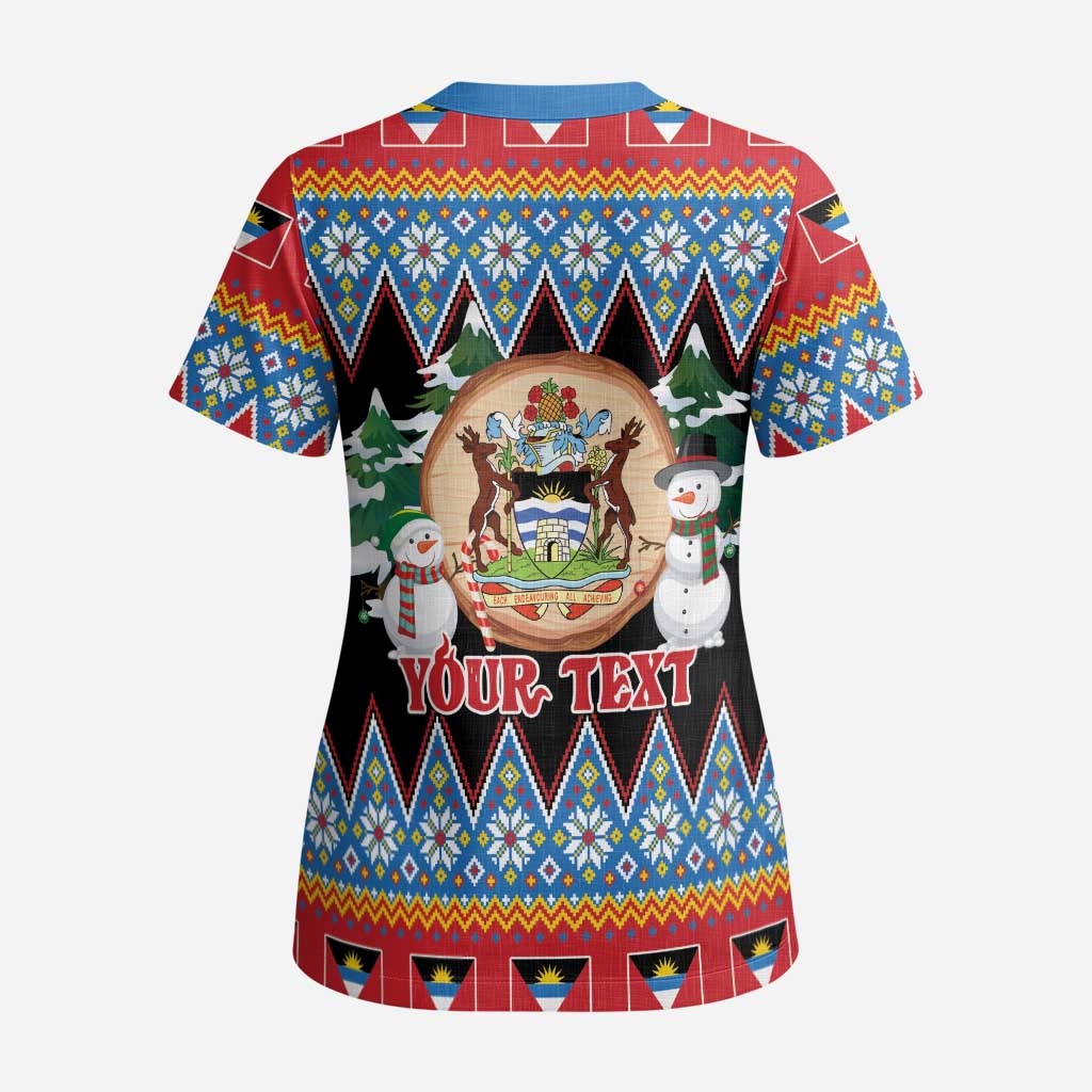 Personalized Antigua and Barbuda Christmas Scrub Top Coat Of Arms With Snowman - Wonder Print Shop