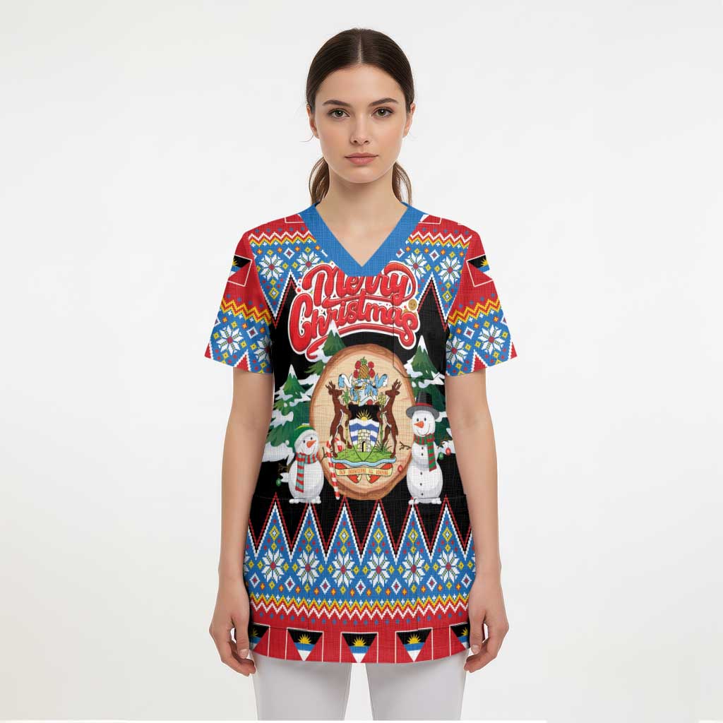 Personalized Antigua and Barbuda Christmas Scrub Top Coat Of Arms With Snowman - Wonder Print Shop
