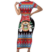 Personalized Antigua and Barbuda Christmas Short Sleeve Bodycon Dress Coat Of Arms With Snowman - Wonder Print Shop