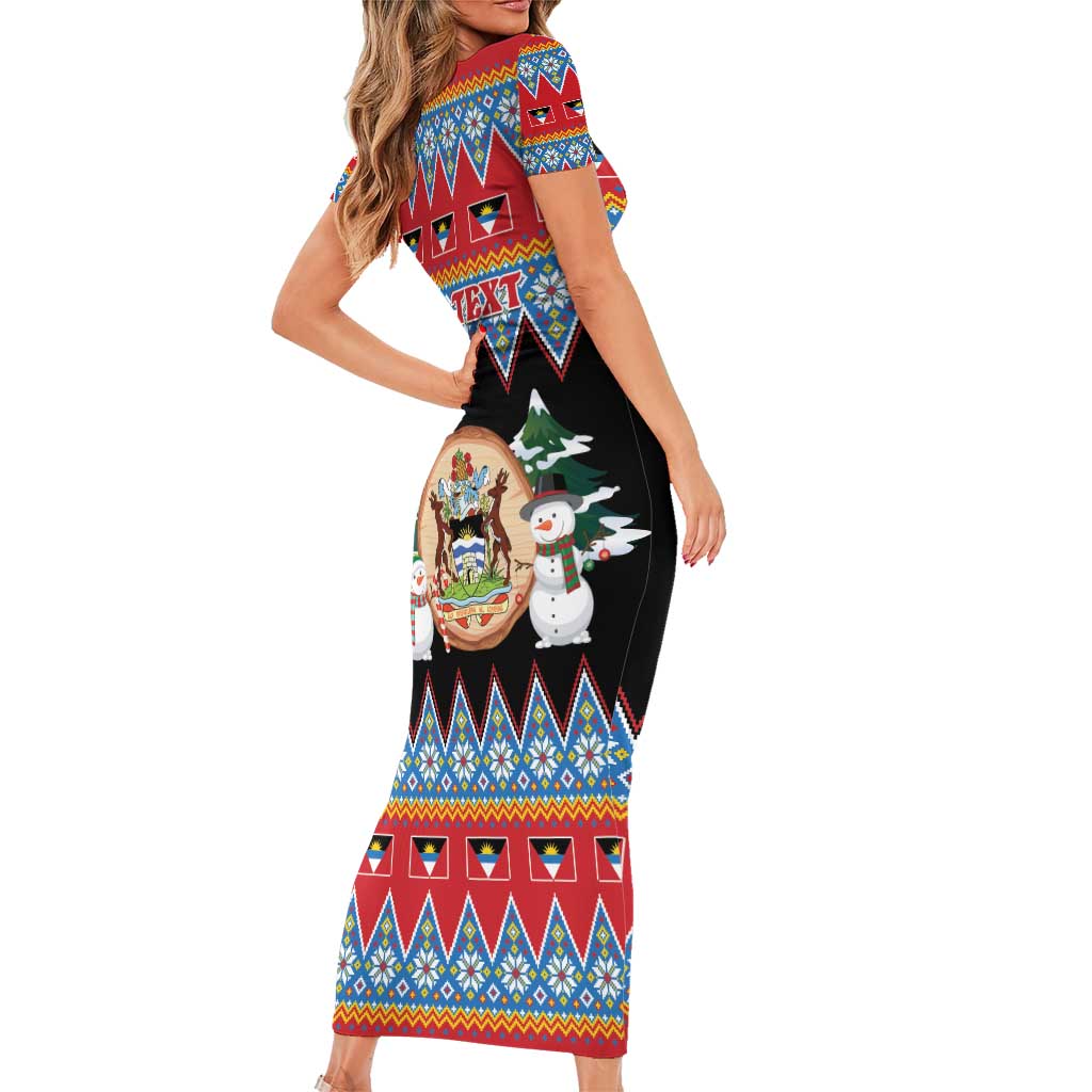 Personalized Antigua and Barbuda Christmas Short Sleeve Bodycon Dress Coat Of Arms With Snowman - Wonder Print Shop