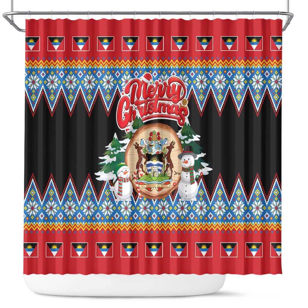 Antigua and Barbuda Christmas Shower Curtain Coat Of Arms With Snowman - Wonder Print Shop