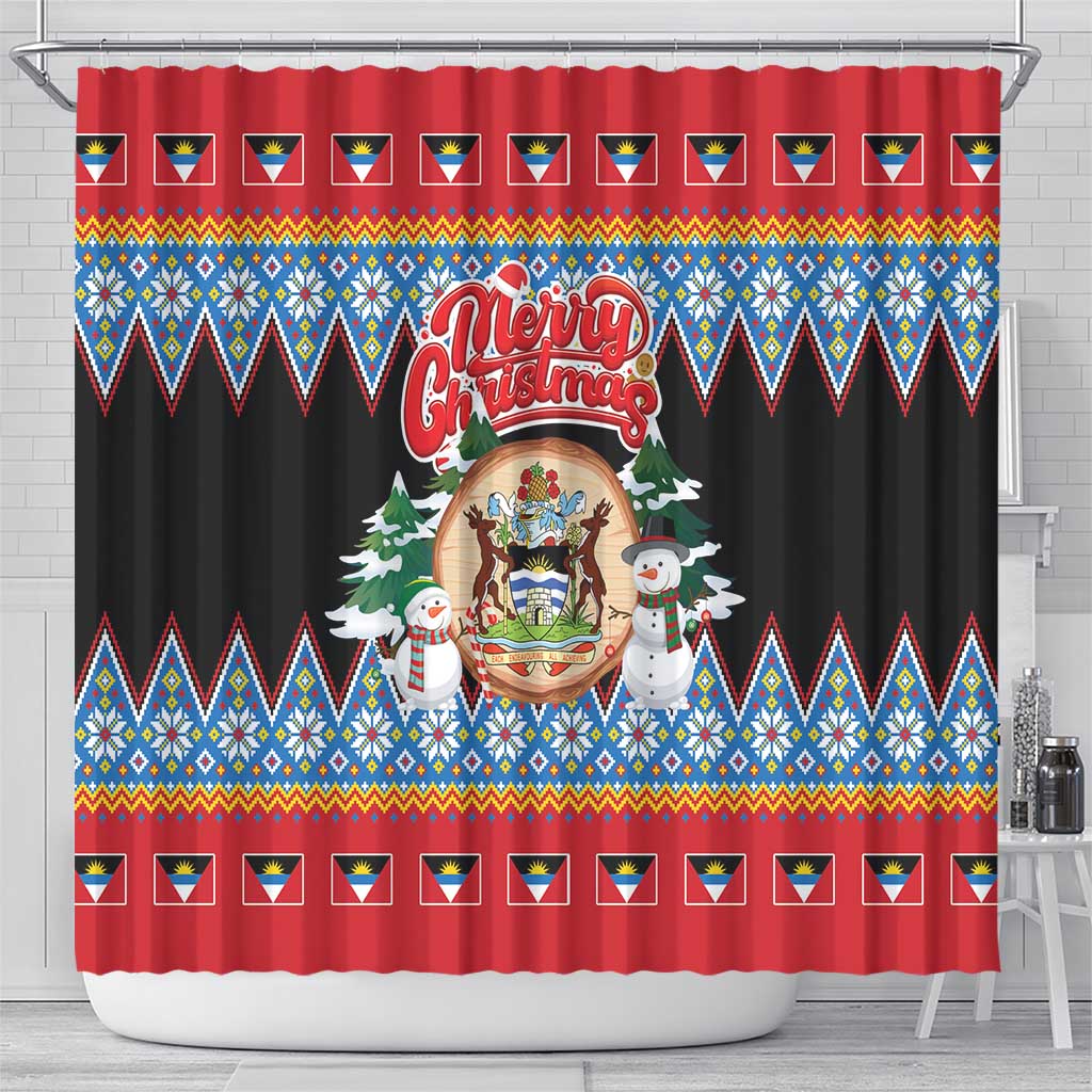 Antigua and Barbuda Christmas Shower Curtain Coat Of Arms With Snowman - Wonder Print Shop