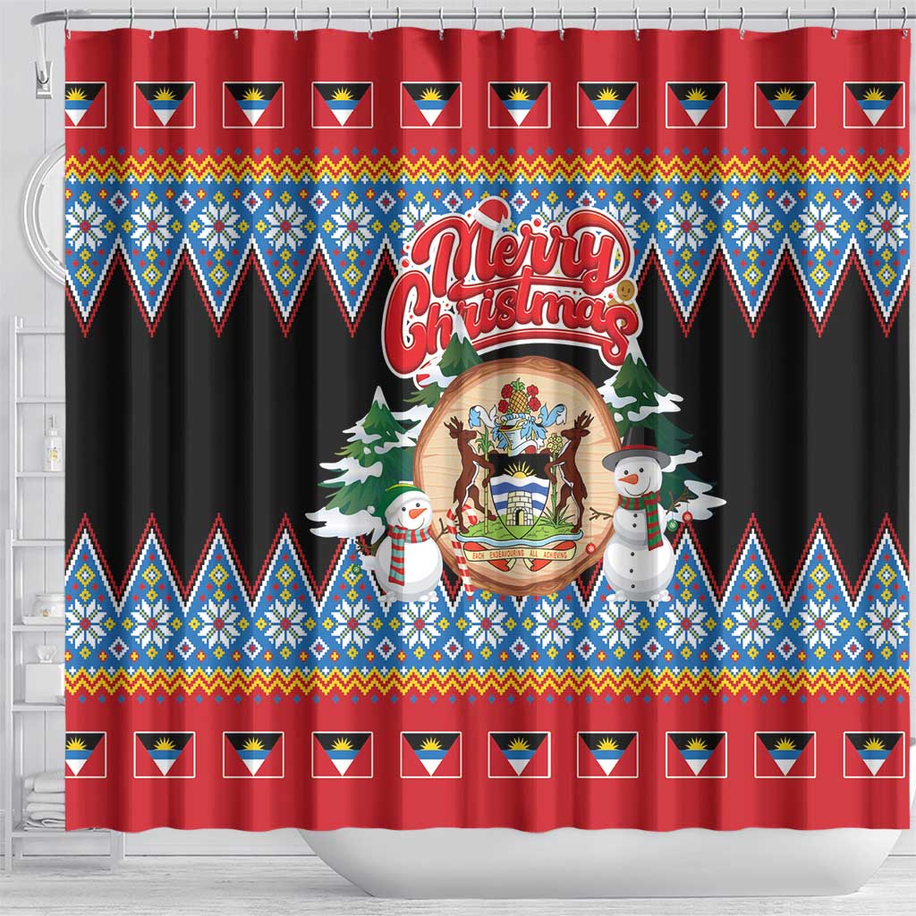 Antigua and Barbuda Christmas Shower Curtain Coat Of Arms With Snowman - Wonder Print Shop