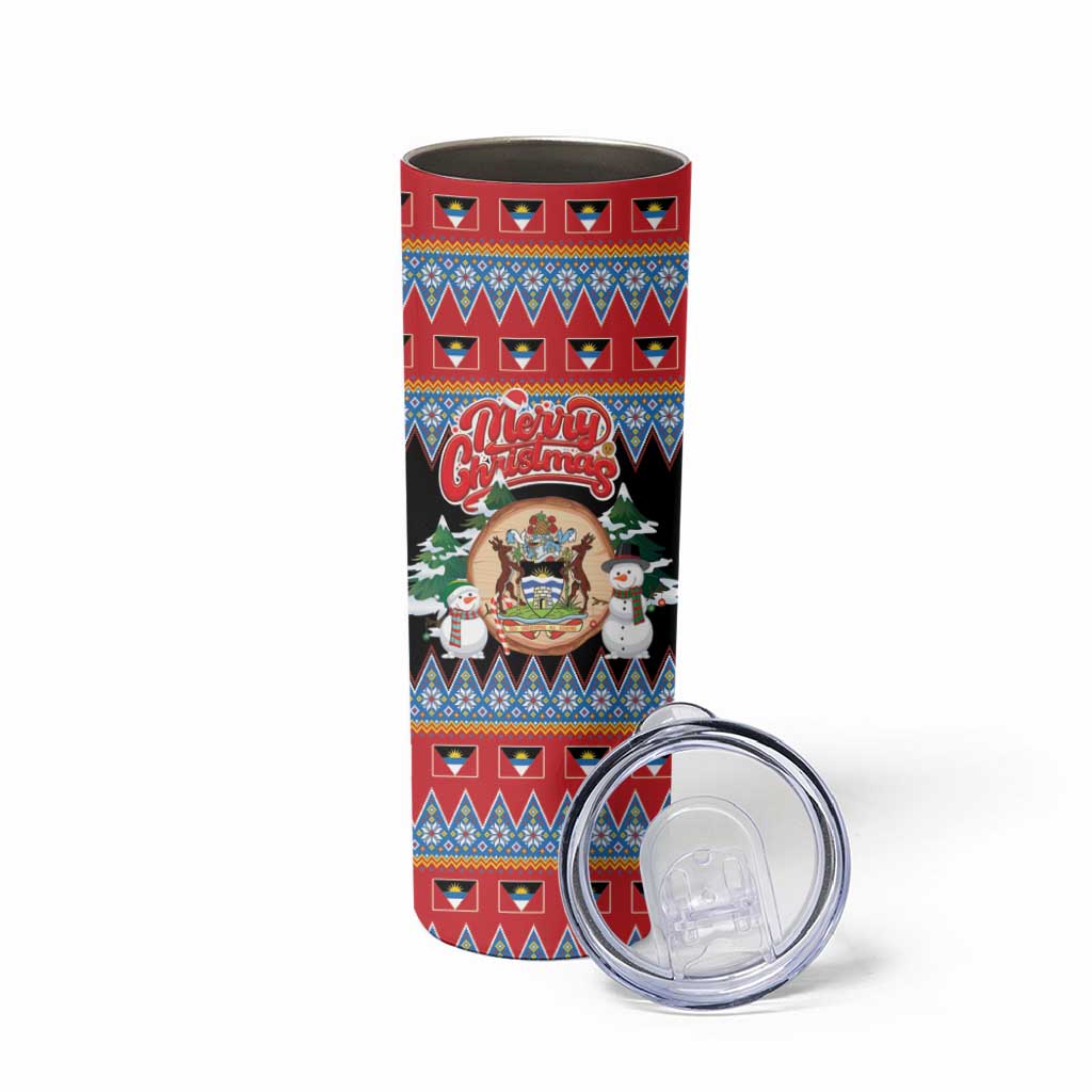 Personalized Antigua and Barbuda Christmas Skinny Tumbler Coat Of Arms With Snowman - Wonder Print Shop