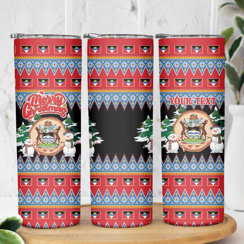 Personalized Antigua and Barbuda Christmas Skinny Tumbler Coat Of Arms With Snowman - Wonder Print Shop