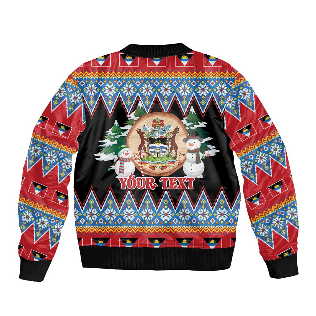 Personalized Antigua and Barbuda Christmas Sleeve Zip Bomber Jacket Coat Of Arms With Snowman - Wonder Print Shop