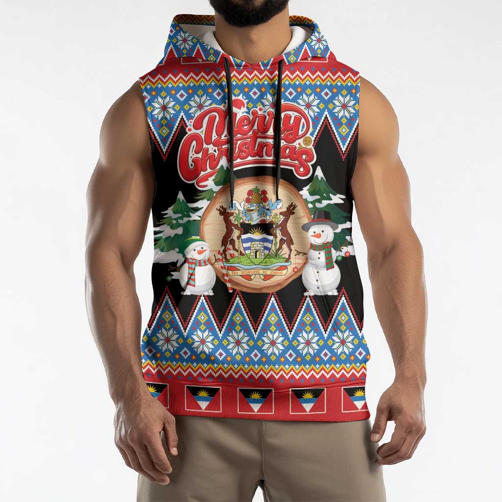 Personalized Antigua and Barbuda Christmas Sleeveless Hoodie Coat Of Arms With Snowman - Wonder Print Shop