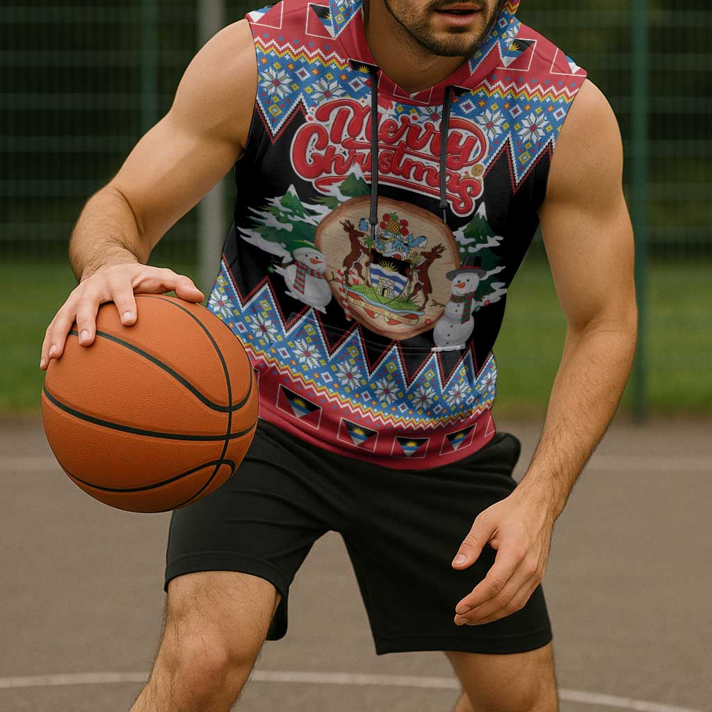 Personalized Antigua and Barbuda Christmas Sleeveless Hoodie Coat Of Arms With Snowman - Wonder Print Shop