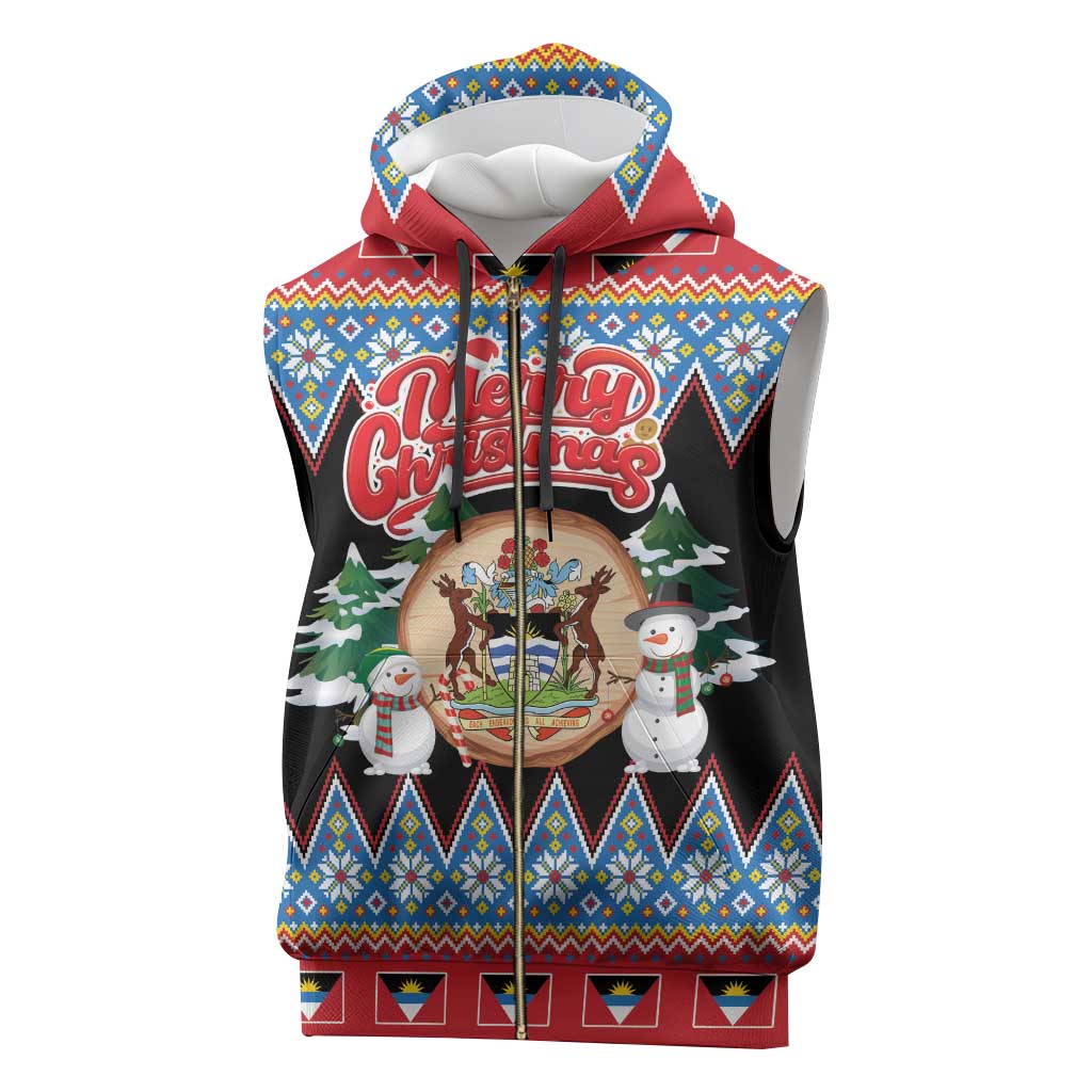 Personalized Antigua and Barbuda Christmas Sleeveless Zip Hoodie Coat Of Arms With Snowman - Wonder Print Shop