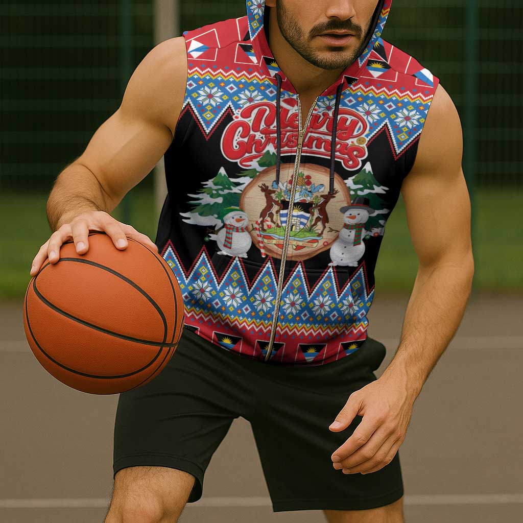 Personalized Antigua and Barbuda Christmas Sleeveless Zip Hoodie Coat Of Arms With Snowman - Wonder Print Shop