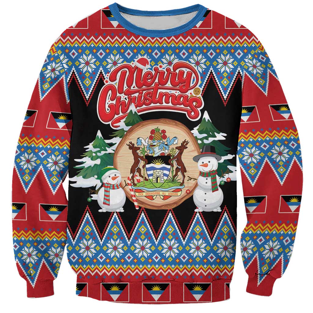 Personalized Antigua and Barbuda Christmas Sweatshirt Coat Of Arms With Snowman - Wonder Print Shop