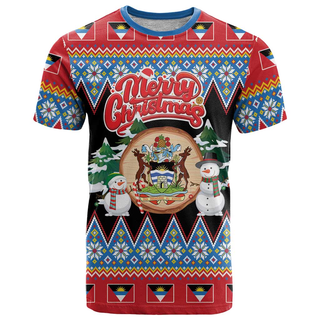 Personalized Antigua and Barbuda Christmas T Shirt Coat Of Arms With Snowman - Wonder Print Shop