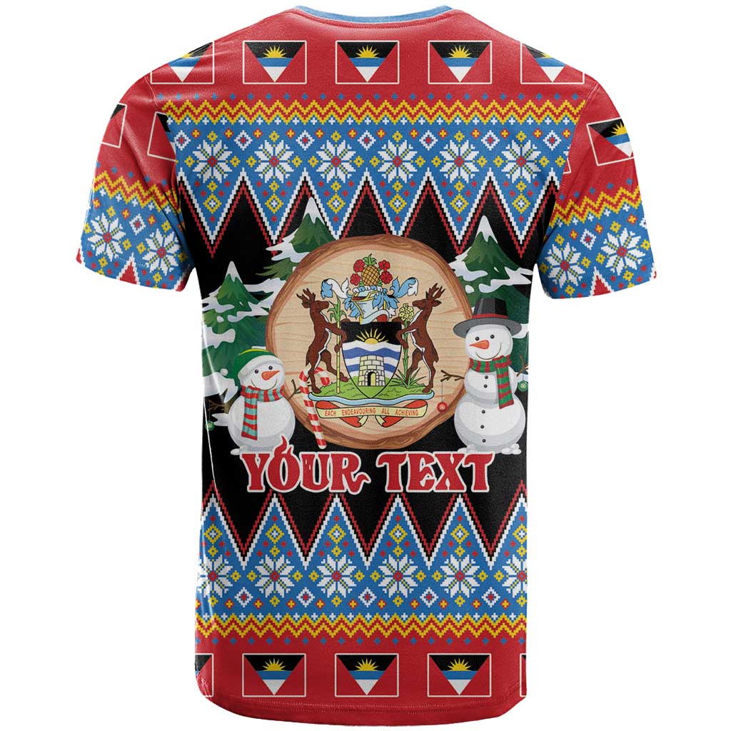 Personalized Antigua and Barbuda Christmas T Shirt Coat Of Arms With Snowman - Wonder Print Shop