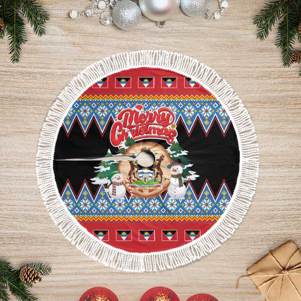 Antigua and Barbuda Christmas Tree Skirt Coat Of Arms With Snowman - Wonder Print Shop
