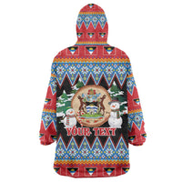 Personalized Antigua and Barbuda Christmas Wearable Blanket Hoodie Coat Of Arms With Snowman - Wonder Print Shop