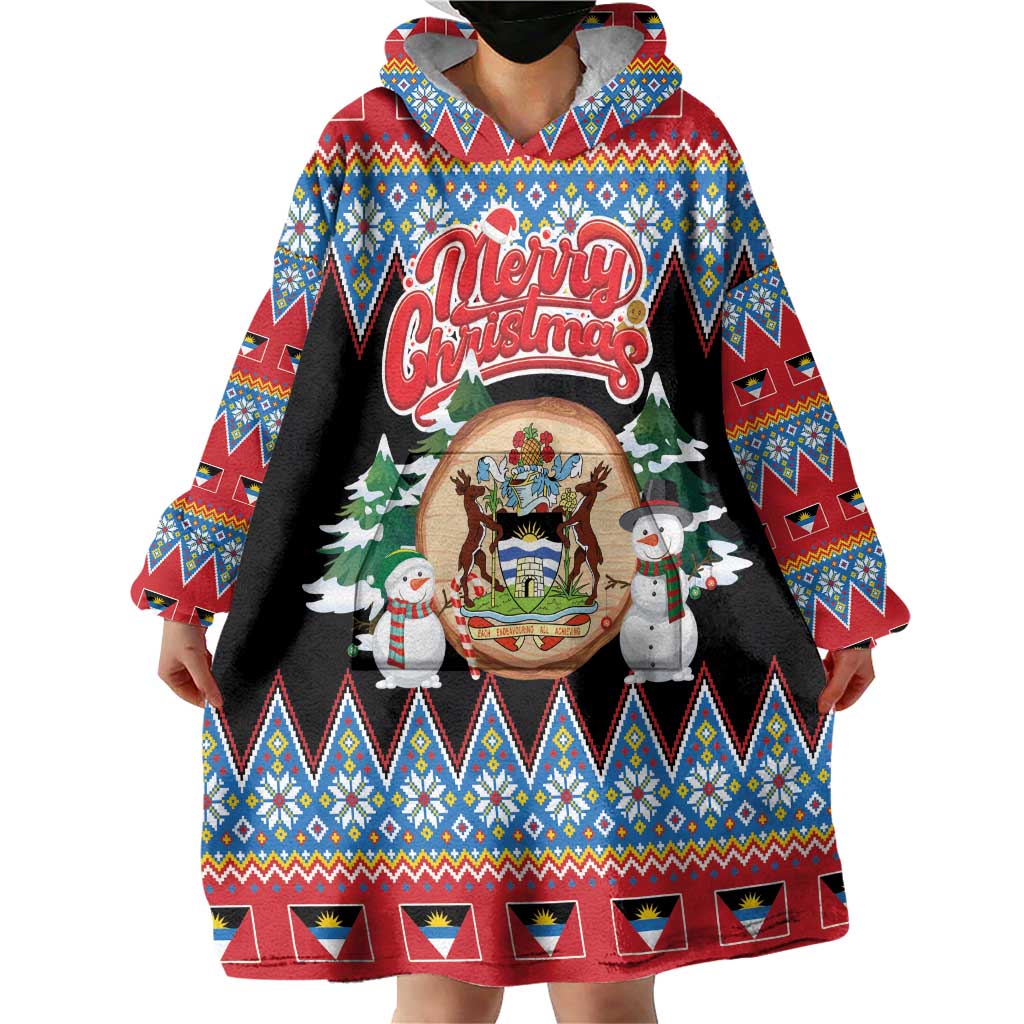 Personalized Antigua and Barbuda Christmas Wearable Blanket Hoodie Coat Of Arms With Snowman - Wonder Print Shop
