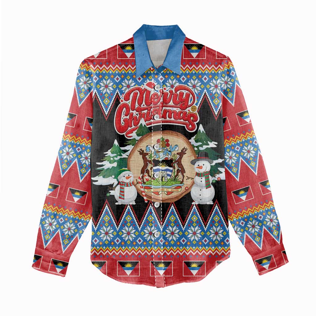 Personalized Antigua and Barbuda Christmas Women Casual Shirt Coat Of Arms With Snowman - Wonder Print Shop