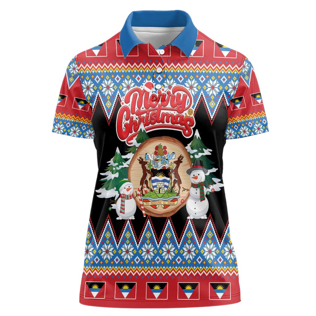 Personalized Antigua and Barbuda Christmas Women Polo Shirt Coat Of Arms With Snowman - Wonder Print Shop