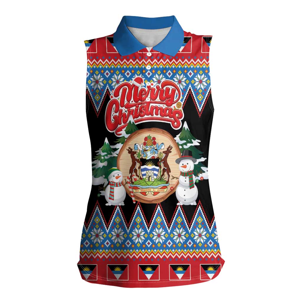 Personalized Antigua and Barbuda Christmas Women Sleeveless Polo Shirt Coat Of Arms With Snowman - Wonder Print Shop