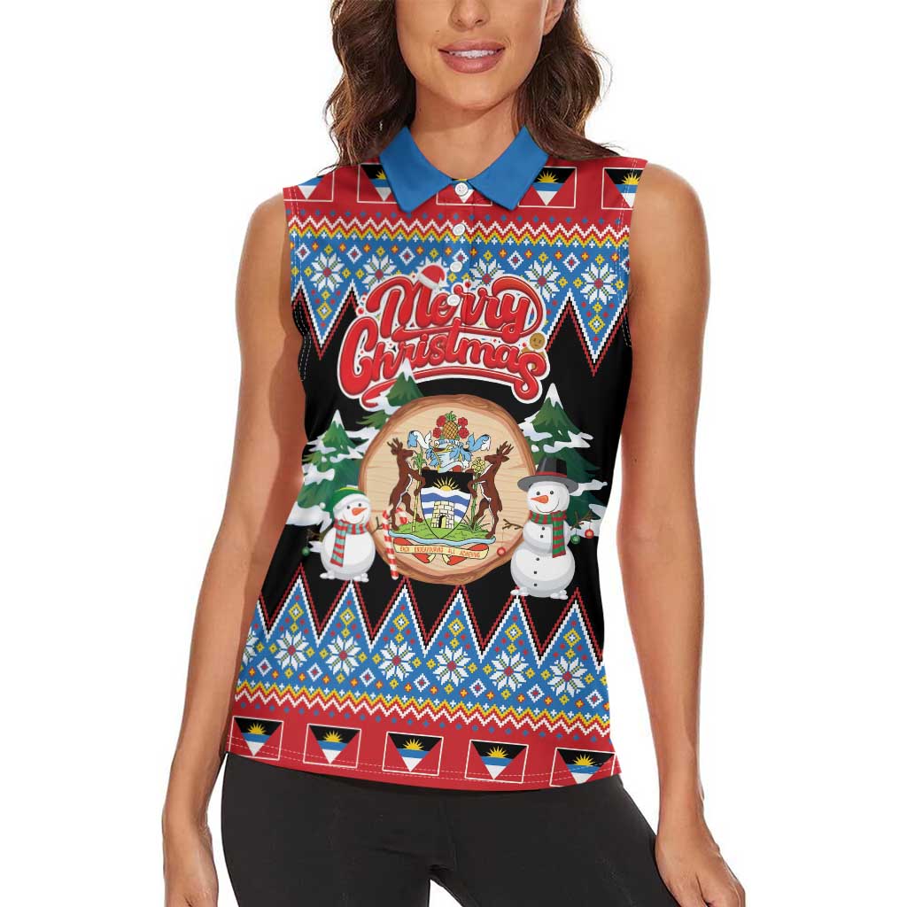 Personalized Antigua and Barbuda Christmas Women Sleeveless Polo Shirt Coat Of Arms With Snowman - Wonder Print Shop