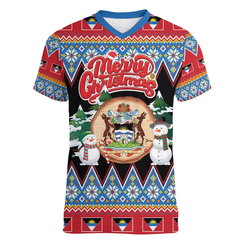 Personalized Antigua and Barbuda Christmas Women V-Neck T-Shirt Coat Of Arms With Snowman - Wonder Print Shop