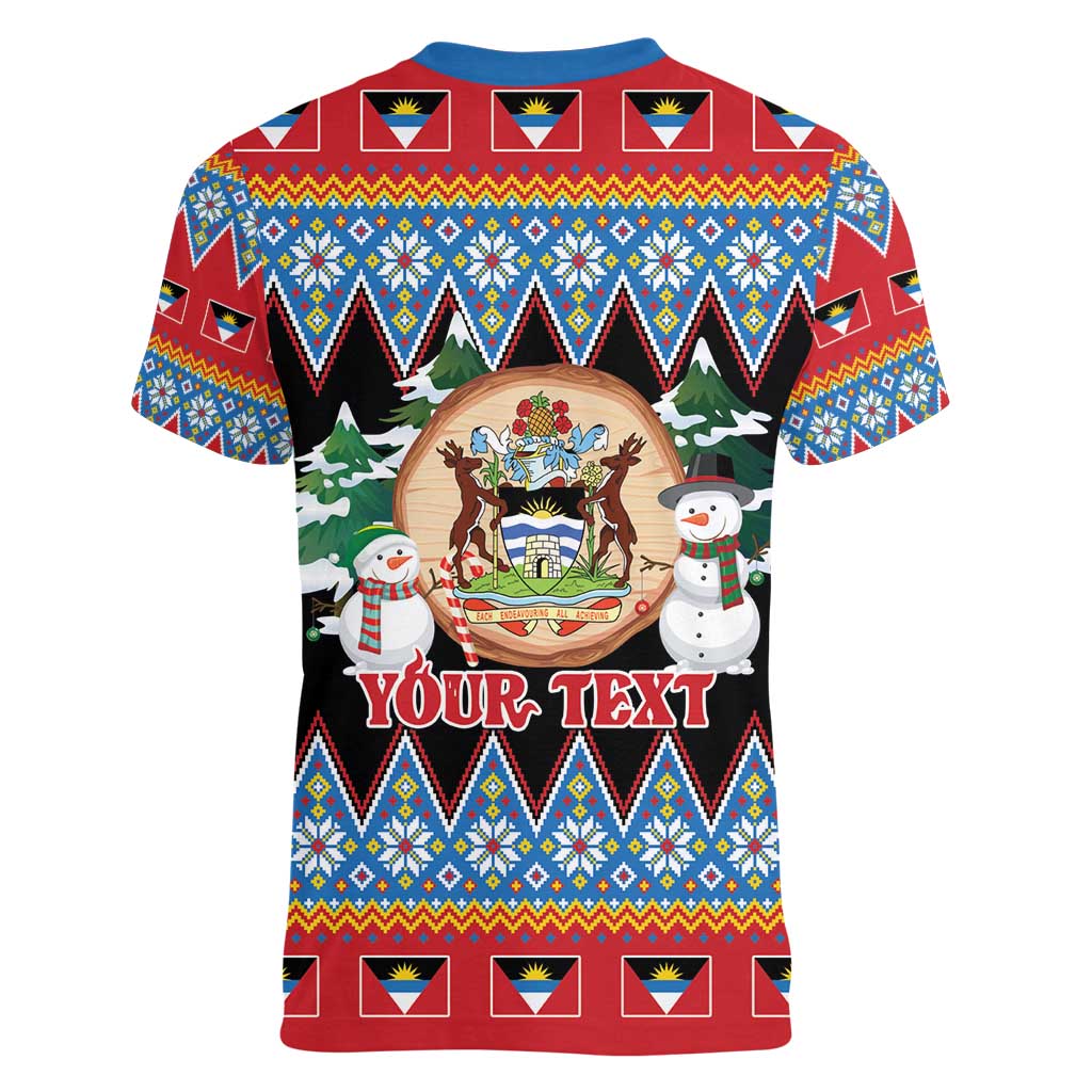 Personalized Antigua and Barbuda Christmas Women V-Neck T-Shirt Coat Of Arms With Snowman - Wonder Print Shop