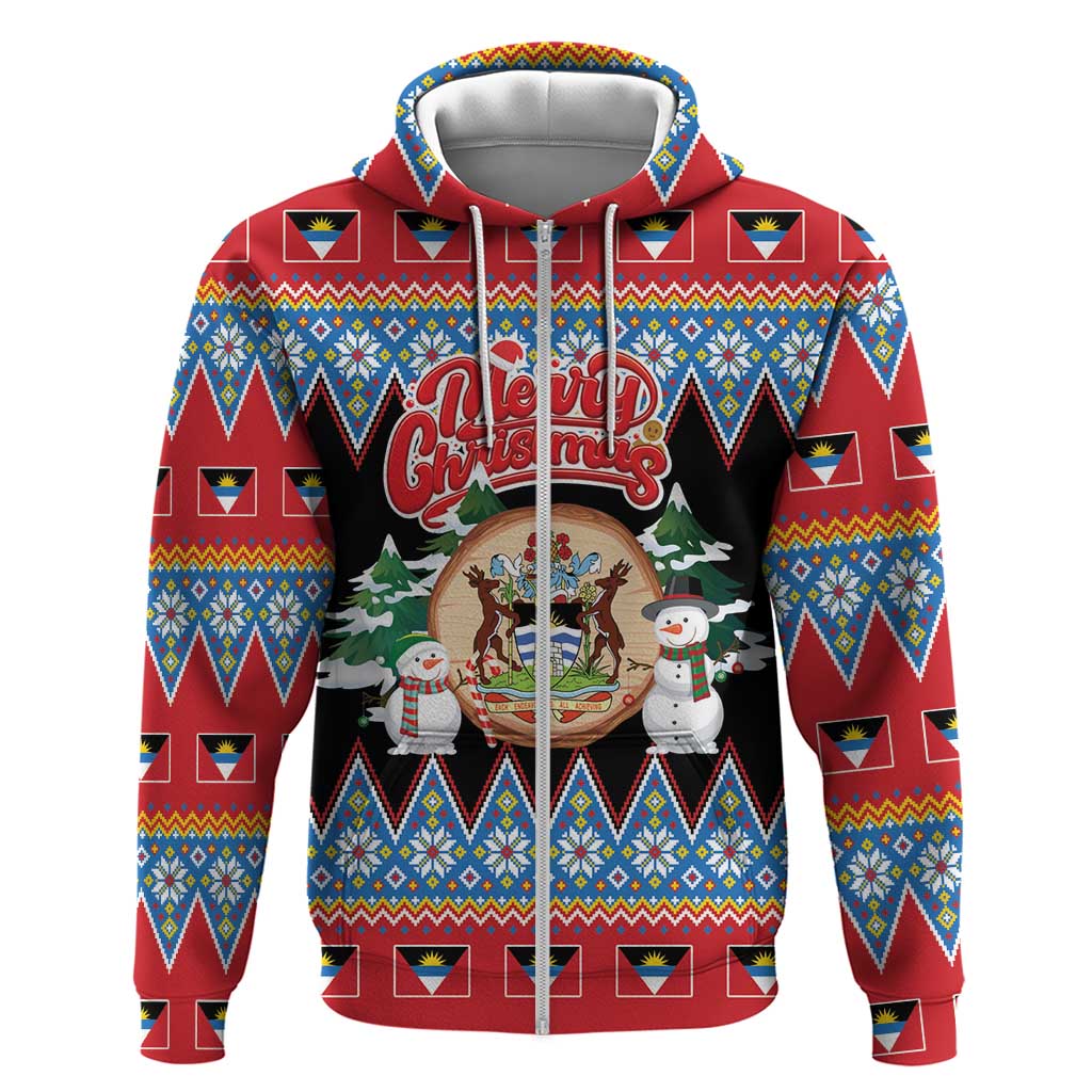 Personalized Antigua and Barbuda Christmas Zip Hoodie Coat Of Arms With Snowman - Wonder Print Shop