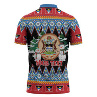 Personalized Antigua and Barbuda Christmas Zipper Polo Shirt Coat Of Arms With Snowman - Wonder Print Shop