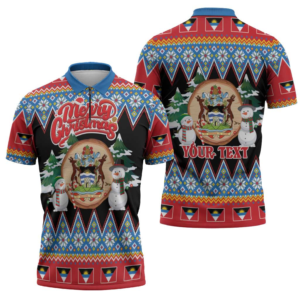 Personalized Antigua and Barbuda Christmas Zipper Polo Shirt Coat Of Arms With Snowman - Wonder Print Shop