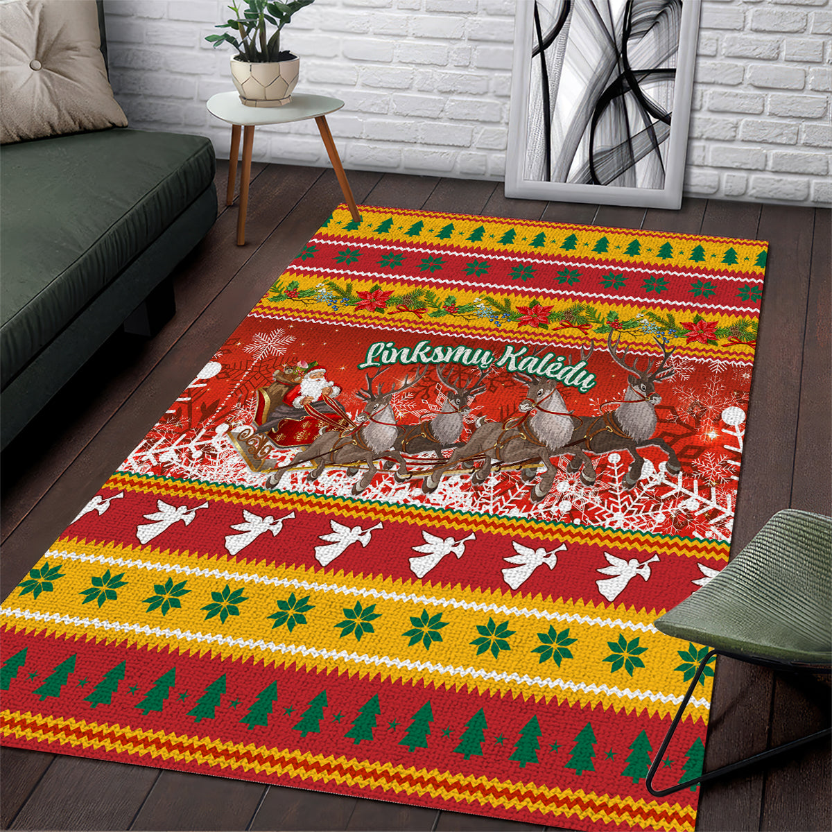 Custom Lithuania Christmas Area Rug Lietuva Santa Claus With Reindeer - Wonder Print Shop