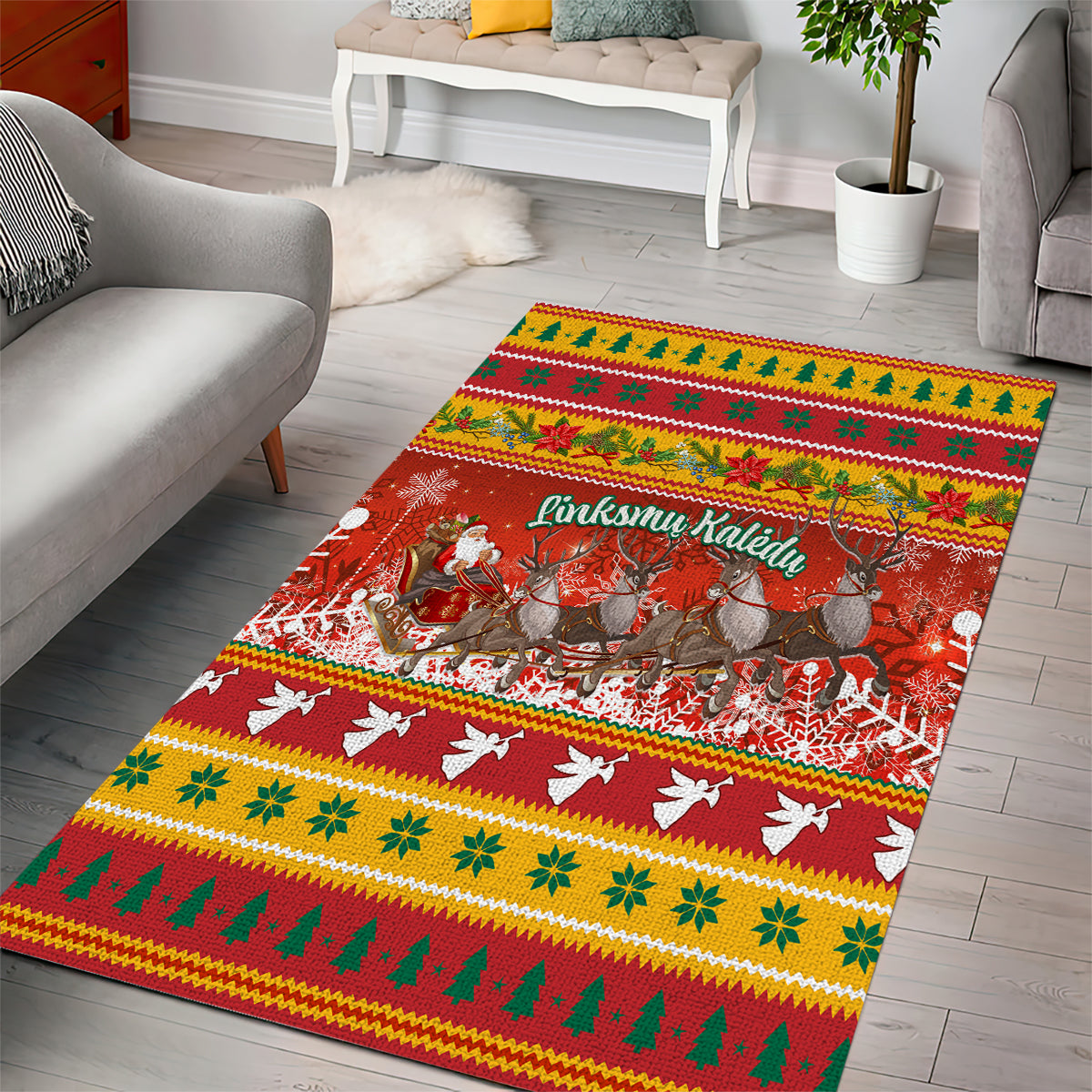 Custom Lithuania Christmas Area Rug Lietuva Santa Claus With Reindeer - Wonder Print Shop