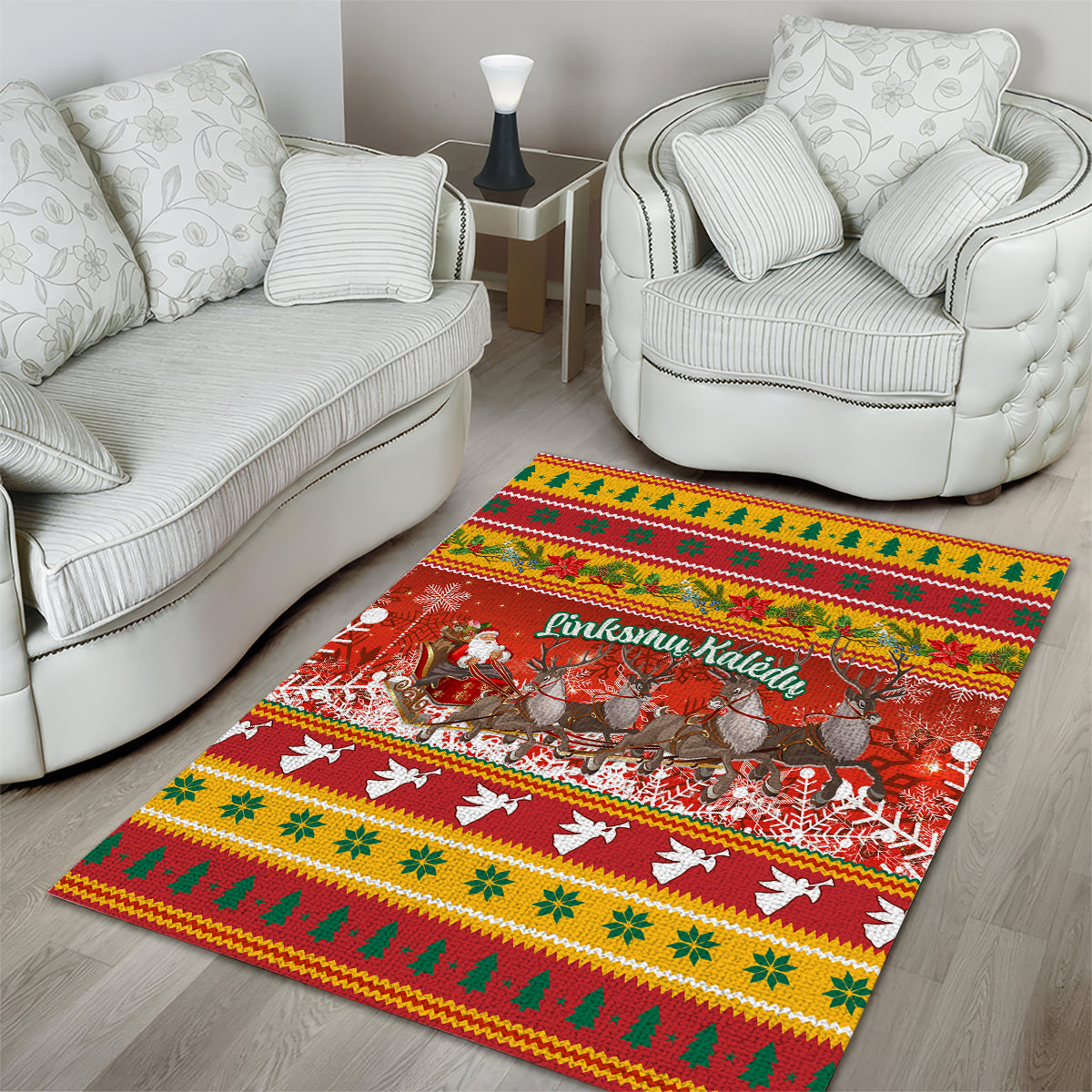 Custom Lithuania Christmas Area Rug Lietuva Santa Claus With Reindeer - Wonder Print Shop