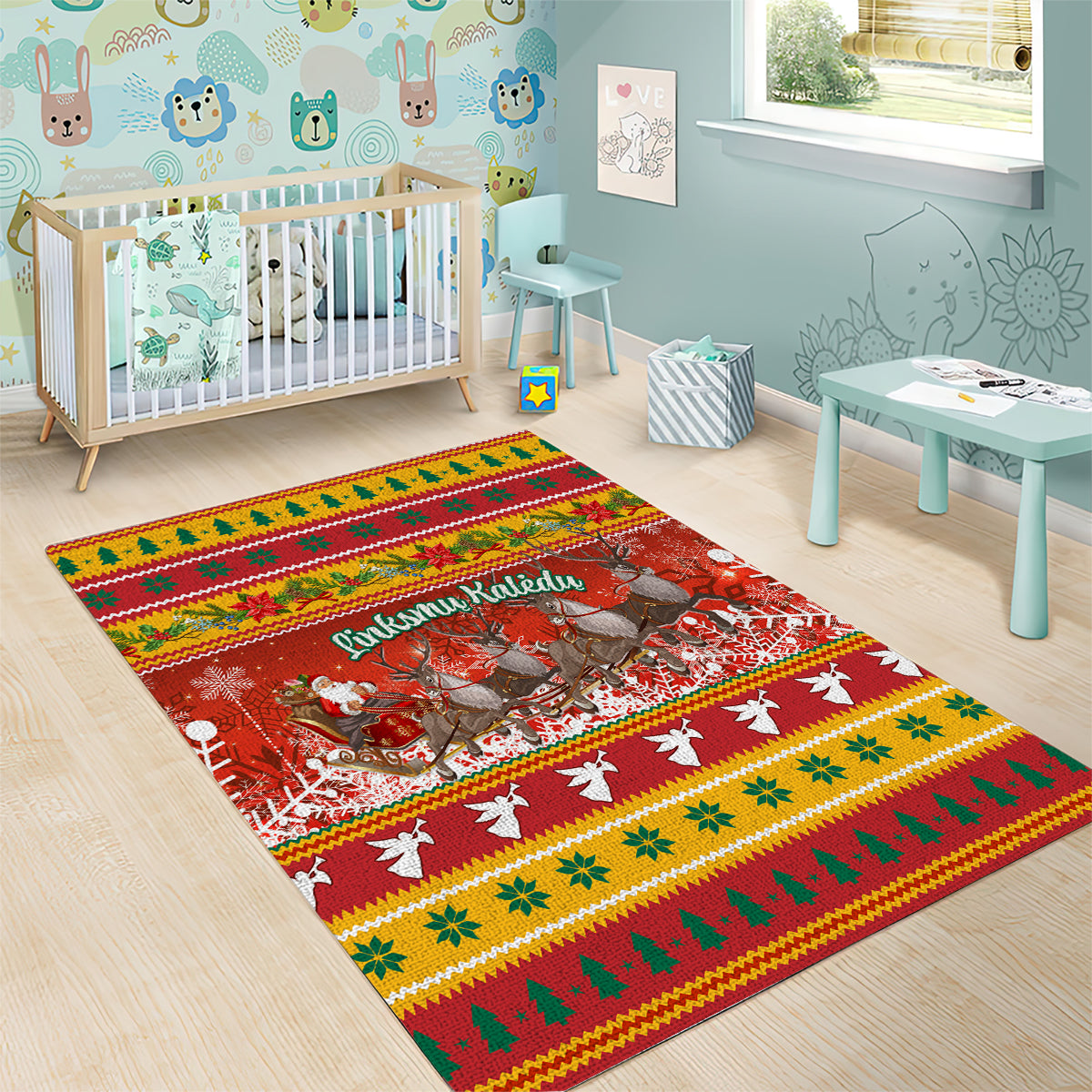 Custom Lithuania Christmas Area Rug Lietuva Santa Claus With Reindeer - Wonder Print Shop