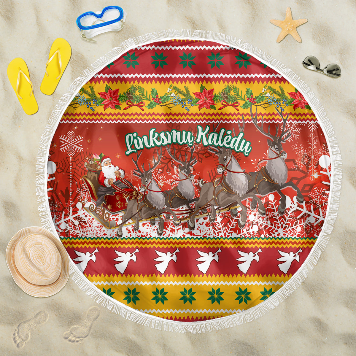 Custom Lithuania Christmas Beach Blanket Lietuva Santa Claus With Reindeer - Wonder Print Shop