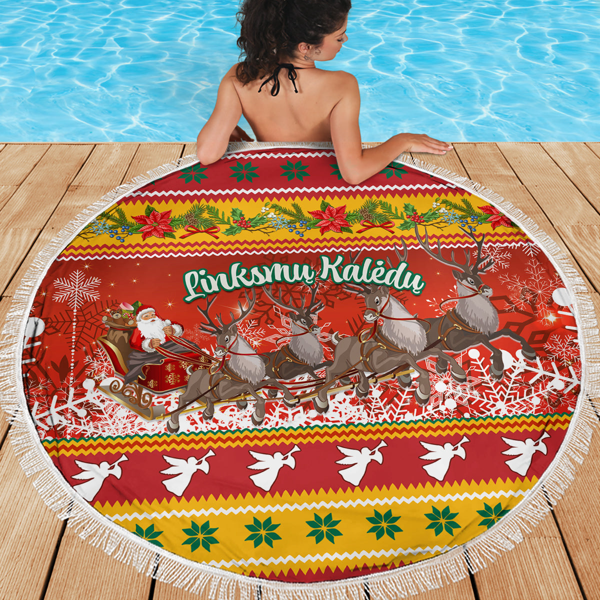 Custom Lithuania Christmas Beach Blanket Lietuva Santa Claus With Reindeer - Wonder Print Shop