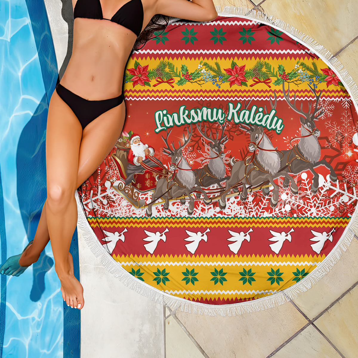 Custom Lithuania Christmas Beach Blanket Lietuva Santa Claus With Reindeer - Wonder Print Shop