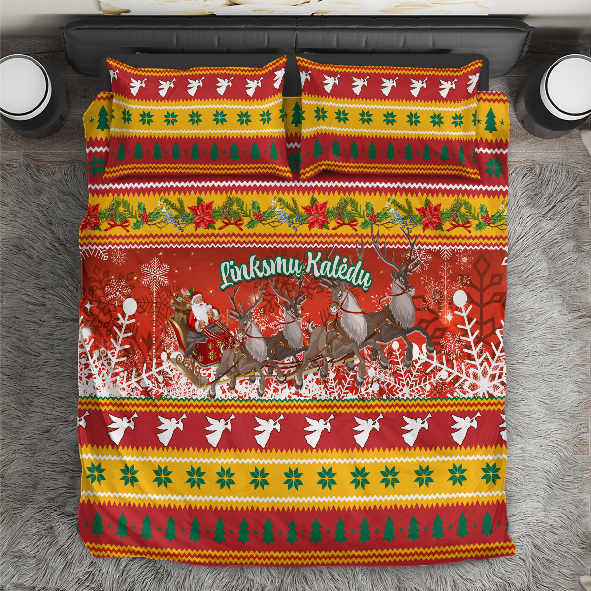 Custom Lithuania Christmas Bedding Set Lietuva Santa Claus With Reindeer - Wonder Print Shop